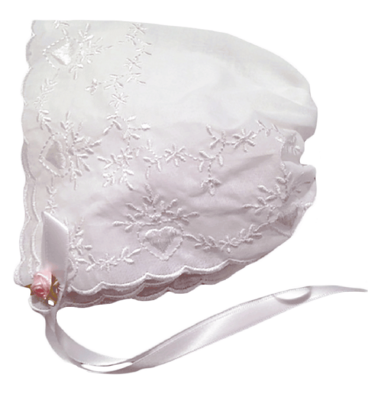 Bridal Heart Embroidered Hanky Bonnet - pink rose