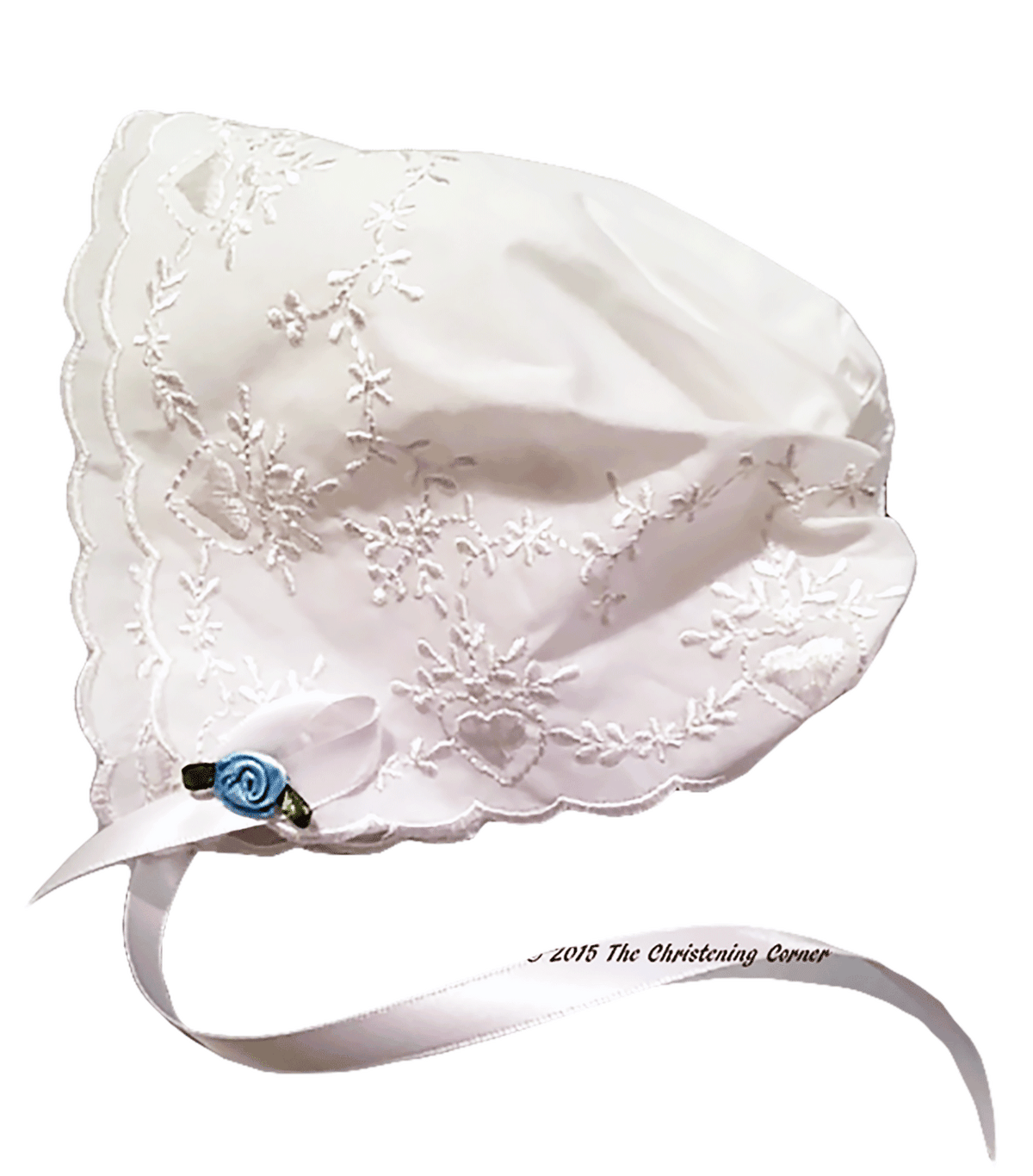 Bridal Heart Embroidered Hanky Bonnet - blue rose