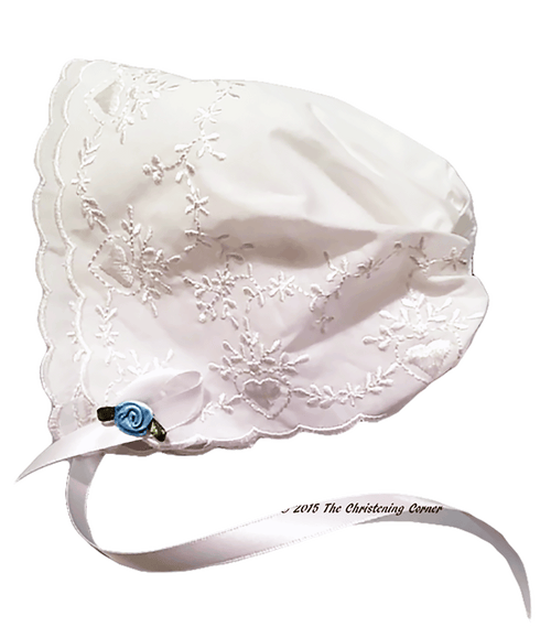 Bridal Heart Embroidered Hanky Bonnet - blue rose
