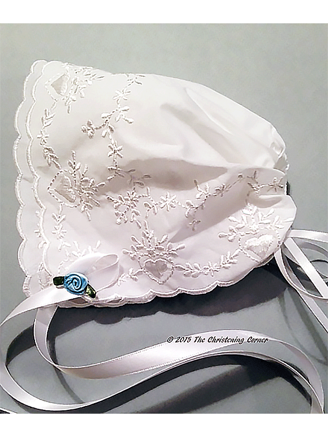 Bridal Heart Embroidered Hanky Bonnet - blue rose