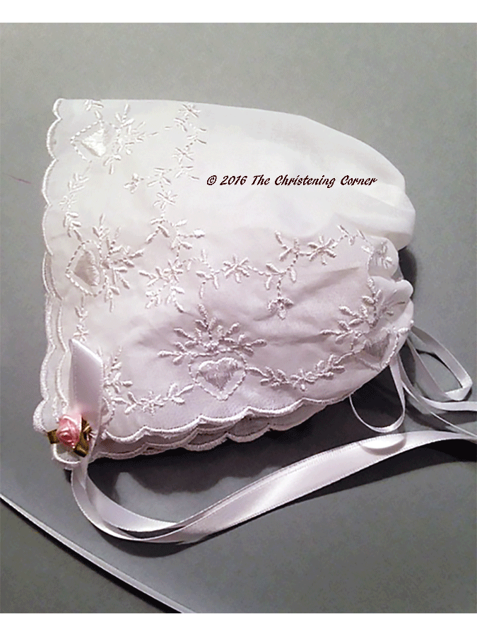 Bridal Heart Embroidered Hanky Bonnet - pink rose