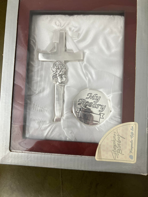 Stephan Baby Keepsake Gift Set rosewood box silver plated Rosary box cross