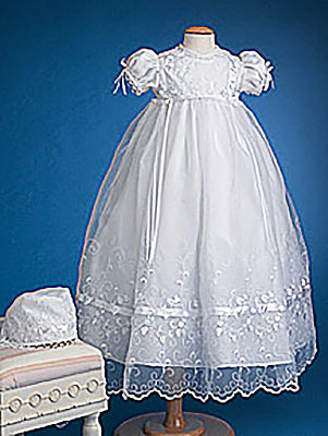 Heirloom Christening Gown with sheer overlay and Embroidery