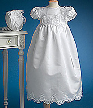 Short Sleeve Christening Dress With Lace Trim