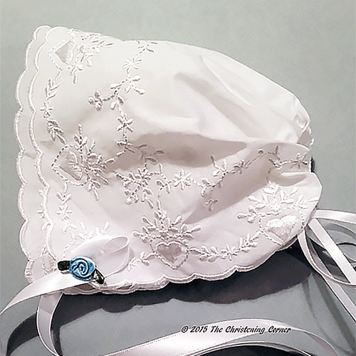 Bridal Heart Embroidered Hanky Bonnet - blue rose