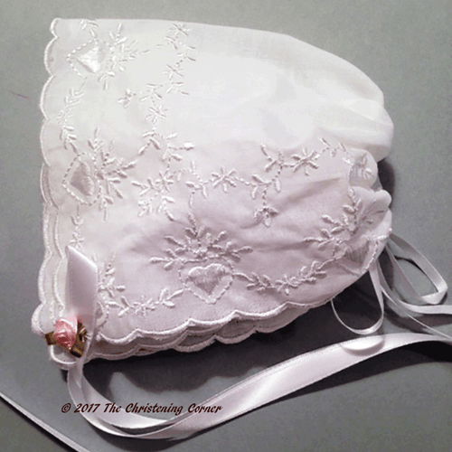 Bridal Heart Embroidered Hanky Bonnet - pink rose