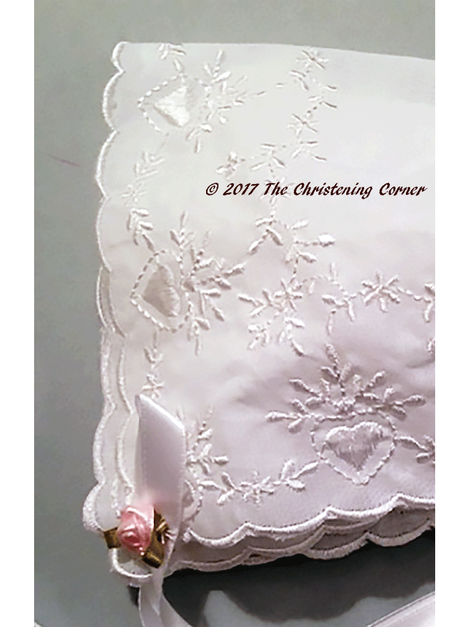  Bridal Heart Embroidered Hanky Bonnet - pink rose - detail